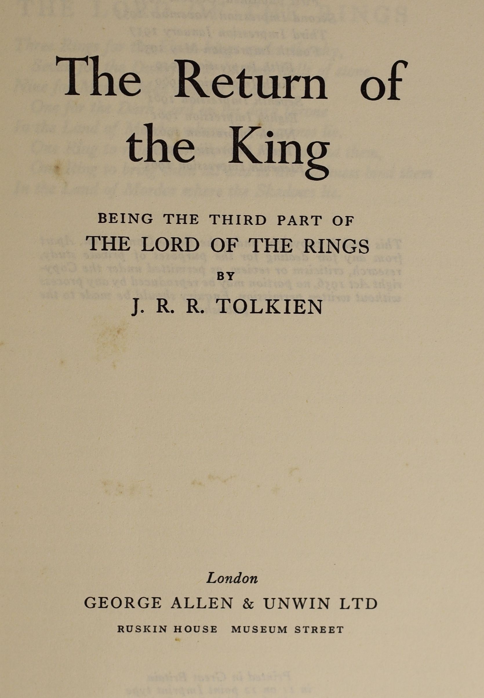 Tolkien, J.R.R - Lord of the Rings - The Fellowship of the Ring, 11th impression, 1961, The Two Towers, 10th impression, 1963 and The Return of the King, 11th impression, 1965, all with unclipped d/j’s, retaining folded